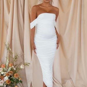 NWT Club L London White Maternity Bardot Ruched Midi Dress